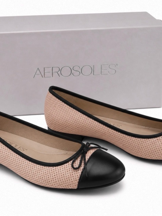 AEROSOLES Shoes - AEROSOLES Blush Perforated Ballet Flat with Black Cap Toe and Trim